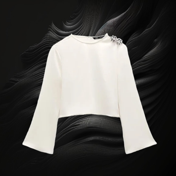 NWT - ZARA Oyster White Blouse with Shoulder Jewel Detail Size: XS MSRP $120 - Picture 3 of 3